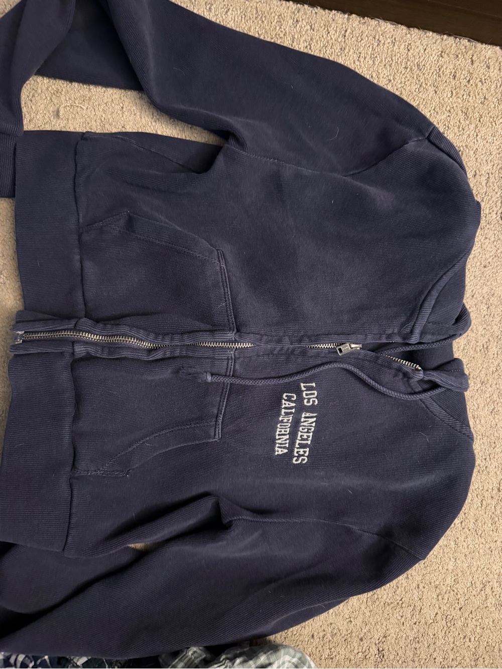 Brandy Melville Navy Zip-Up Hoodie with 'Los Angeles California' Embroidery